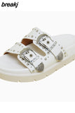 Size 34-40 Women Sandals 2023 Summer Shoes For Women Real Leather Low Heels Shoes Round Toe Casual Rivet Slippers