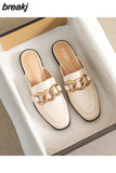 mules fashion design Flat Square Toe Chain Backless Shoes Summer outdoor and indoor office wear White black slipper
