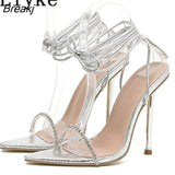 Size 35-42 Fashion Rhinestone Transparent Sandals Women Black Silver Strappy Heels Sexy Pointed Toe Lace-Up Wedding