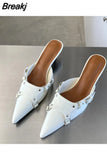 High-Heeled Shoes Lady Woman's Slippers Slides Pointed Toe Low 2023 Cover Rome Basic PU Fabric Scandals Hoof Cover Toe
