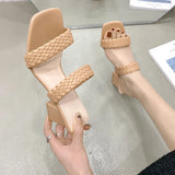 Women Slip-On Bohemia Weave OL Wear Pumps Sandals For Ladies White High Thick Heel Slippers Slides Shoes Plus Size