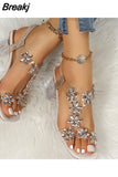 Women Sandals Pvc Crystal Flower Decoration Chunky Heel Peep Toe Back Strap Elastic Band Elegant Fashion Shoes