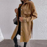Winter Turn-down Collar Blend Woolen Coats Fashion Casual Long Sleeve Pocket Jackets Autumn Solid Belted Women Long Outwear