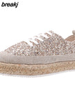 Women Sneakers Woven Gold Sequins Single Shoes Round Head Lace-Up Retro Platform Flats Shoes Light Cozy Walking Vulcanized
