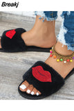 New Style Women's Home Fur Slippers Woman Red Lips Rhinestone Fur Home Slippers Flat Indoor Floor Shoes Women