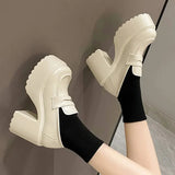 Black White Chunky Platform Loafers Women 2023 Autumn Thick High Heel Pumps Woman Slip On Pu Leather Goth Shoes