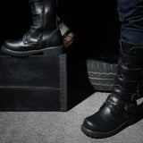 Men's Leather Motorcycle Boots Punk Chain Mid-calf Platform Boots Gothic Military Combat Boots for Men Biker Boots