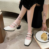 Spring New Retro Small Leather Shoes Square Head Double Buckle Strap Mary Jane Thick Heels Sandals for