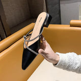Women's New Summer Mules Slippers Sandals Female Fashion Rhinestones Pointed Square Heel Outside Slippers Zapatillas