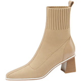 Spring and Autumn New Knitted Wool Socks Boots Women's Square Head Thick Heels Thin Comfortable Nude Boots