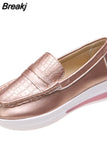 Women 2023 Autumn Sliver Gold Platform Sneakers Slip On Pu Loafers Vulcanized Shoes Casual Ladies Wedges Moccasins Plus