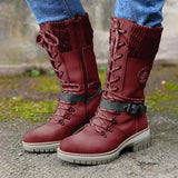 Women Winter Buckle Lace Knitted Mid-calf Boots Low Heel Round Toe Boots Top Quality Winter Warm Boots Women Botas De