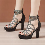 High-Heeled Diamond Roman Sandals Summer 2023 New Fashionable Thick Heels Fishmouth Sandals Large Size Open-Toed