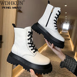 White Color Soft PU Leather Ankle Boots Women Platform Motorcycle Booties Female Autumn Winter Shoes Woman Goth Short