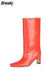 Orange Square Toe Woman Boots Crocodile Print Square Heel Leather Outdoor Shoes Spring Autumn Knee-length Boots