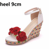 Queen Women Summer Wedges Female Floral Platform Bohemia High Heel Sandals Ankle Strap Open Toe Ladies