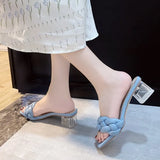 Slippers Transparent High Heels New Summer Shoes Square Heel Weave Square Toe Slippers Ladies Sexy Ladies Leather