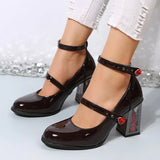 Women Punk Leather Mary Jane Shoes Gothic High Heels Pumps Rose Heeled Leather Lolita Shoes Woman Ankle Straps Mary Jane