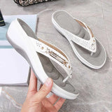 Women Outside Slippers Summer Mature Wedges Flip Flops Fashion Metal Button Platform Sandals Casual Lady Slides Beach