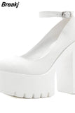 Spring Chunky Heeled Ankle Strap Pumps Sweet Platform Pink Square Heel Woman High Heels Pumps Platform Shoes Woman