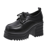 Leather Women Pumps Platform Square Heel Lace Up Oxford Women Party Role Play Uniform Dress Shoes Fashion High Heels