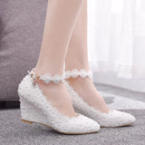 Queen Wedges White Lace Wedding Shoes Woman 8cm High Heels Bridesmaid Fashion Ankle Strap Womens
