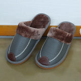 Men Slippers Black New Autumn PU Leather Slippers Warm Indoor Slipper Waterproof Home Shoes Men Warm Leather