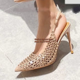 Crystal Slingback Pumps Pointed Toe High Heel Shinny Metallic Leather Sandals Runway Party Dress