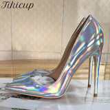Laser Shiny Silver Patent Women Pointy Toe High Heel Party Shoes Gorgeous Ladies Wedding Stiletto Pumps 8cm 10cm