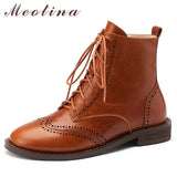 Women Shoes Genuine Leather Ankle Boots Thick Low Heel Short Boots Round Toe Zipper Lady Footwear Autumn 33-40 Wine