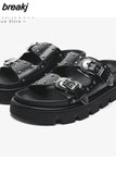 Size 34-40 Women Sandals 2023 Summer Shoes For Women Real Leather Low Heels Shoes Round Toe Casual Rivet Slippers