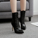 grain Ankle Boots For Women High heels Fashion Pointed toe Ladies Sexy shoes 2023 New Lace-Up
