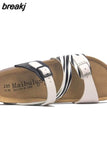 Fashion Print Cork Slipper 2023 New Summer Women Beach Double Buckle Slides