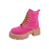 Women Autumn Winter Ankle Boots Classic British Style Leather Lace-up Fashion Short Boots Green Round Toe Botas