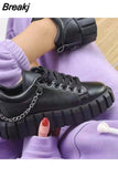 Women New Autumn Pu Leather Lace-Up Sneakers Solid Thick Sole Platform Skateboard Shoes Metal Chain Casual Vulcanized