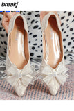 laides lace bow flats pointed toe crystal glitter decoration ballerinas shoes woman Wedding loafers big size 43