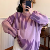 Print Knitted Sweater Women Elegant Green Striped Oversized Pullovers Women Loose Long Sweaters Streetwear