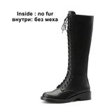 Women Genuine Leather Knee High Boots Round Toe Flat Zipper Ladies Boot Concise Lace-up Long Booties Autumn Winter