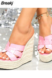 Club Queen Lady Sandals Plus Size 2023 Summer Wedge High Heeled Slipper Straw Bottom Simply Causal Platform Sandals