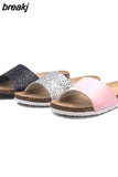 2023 New Summer Bling Sequin Cork Slipper Women Casual Outside Beach Solid Color Flip Flops Slides