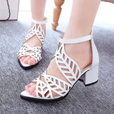 Women Summer Hollow Out Zipper Open Toe Thick Heel Sandals Casual Gladiator Shoes Platform Diamond