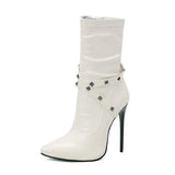 Ankle Boots Women 12cm High Heels 2023 PU Fashion Autumn Winter Large Size 34-48 Pointed Toe Rivets Decorate