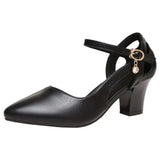 Women Classic Pointed Toe High Quality Black Leather Buckle Strap Square Heel Shoes Lady Office Pumps Sapatos Femininas