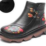 Women Autumn Winter Boots Genuine Leather 2022 New Fashion Print Warm Plush Boots Women Thick-soled Women's Ankle
