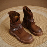 Autumn British Style Retro Thick Heels Buckles Genuine Leather Women Mid-Calf Half Motorcycle Boots Winter Plush