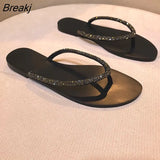 Summer Flip Flops Women Rhinestones Slippers Black Simple Sandals Plus Size