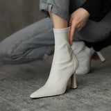 Heels Dress Shoes Pointed Toe Bare Boots Black Booties Thin Heeled Fashion Ankle Boots Retro Ladies Shoes
