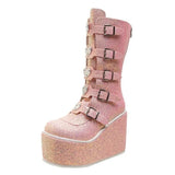 Women Sequin Boots Ladies Cosplay High Boots Comfort Long Tube Boots Pink Platform High Wedges Women Shoes Gothic
