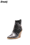 Gold Snake Print Ankle Boots For Women Wedge High Heels Boots Woman Runway Design Chunky Heels Botas Mujer Western