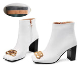 and American Style Cowhide Material Metal Decorative Booties Square Head Zip Closure Fashion Size 43 Women